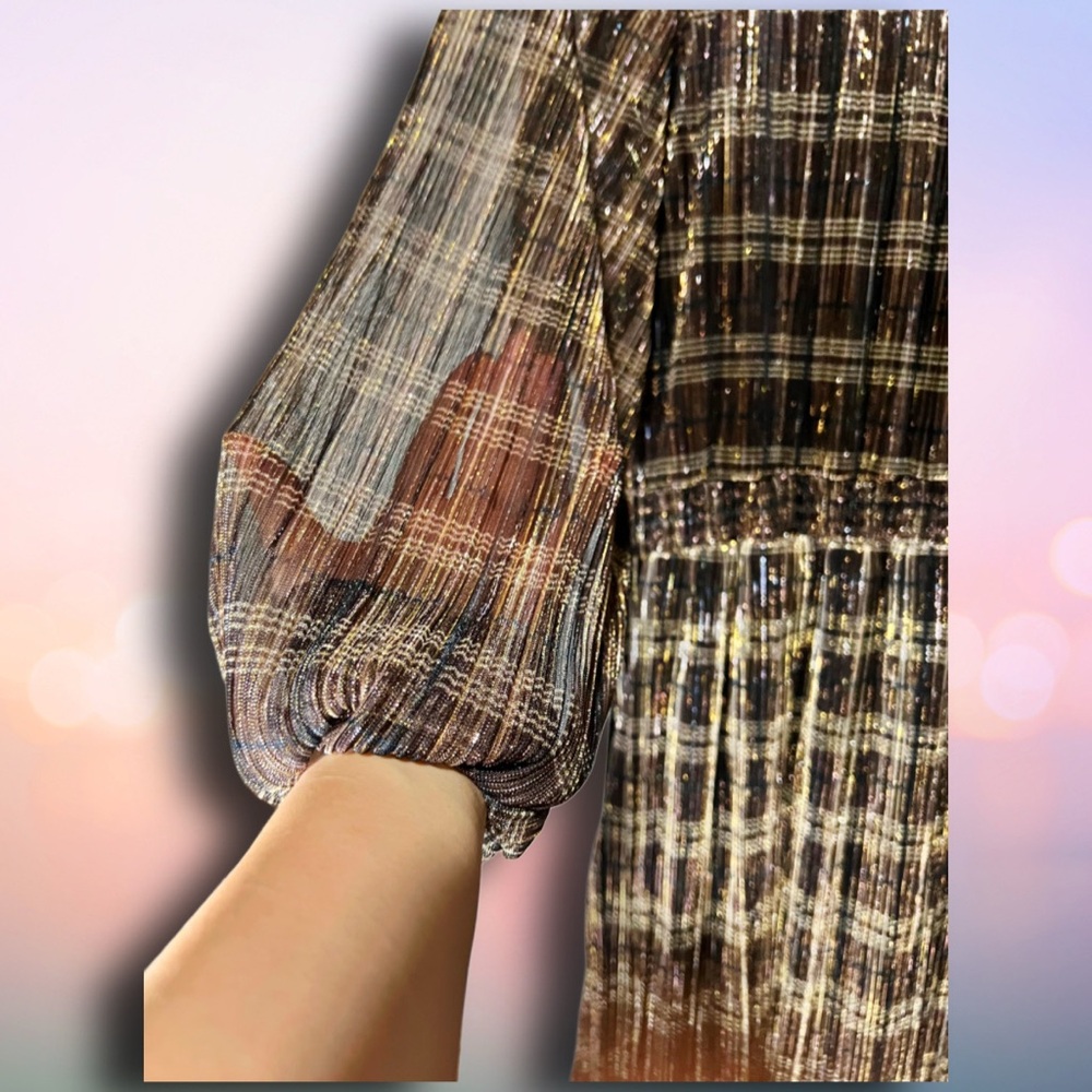 Knox Rose Plaid Metallic Shimmer Peasant Midi Dress Brown Gold Size M Pockets - Picture 5 of 7